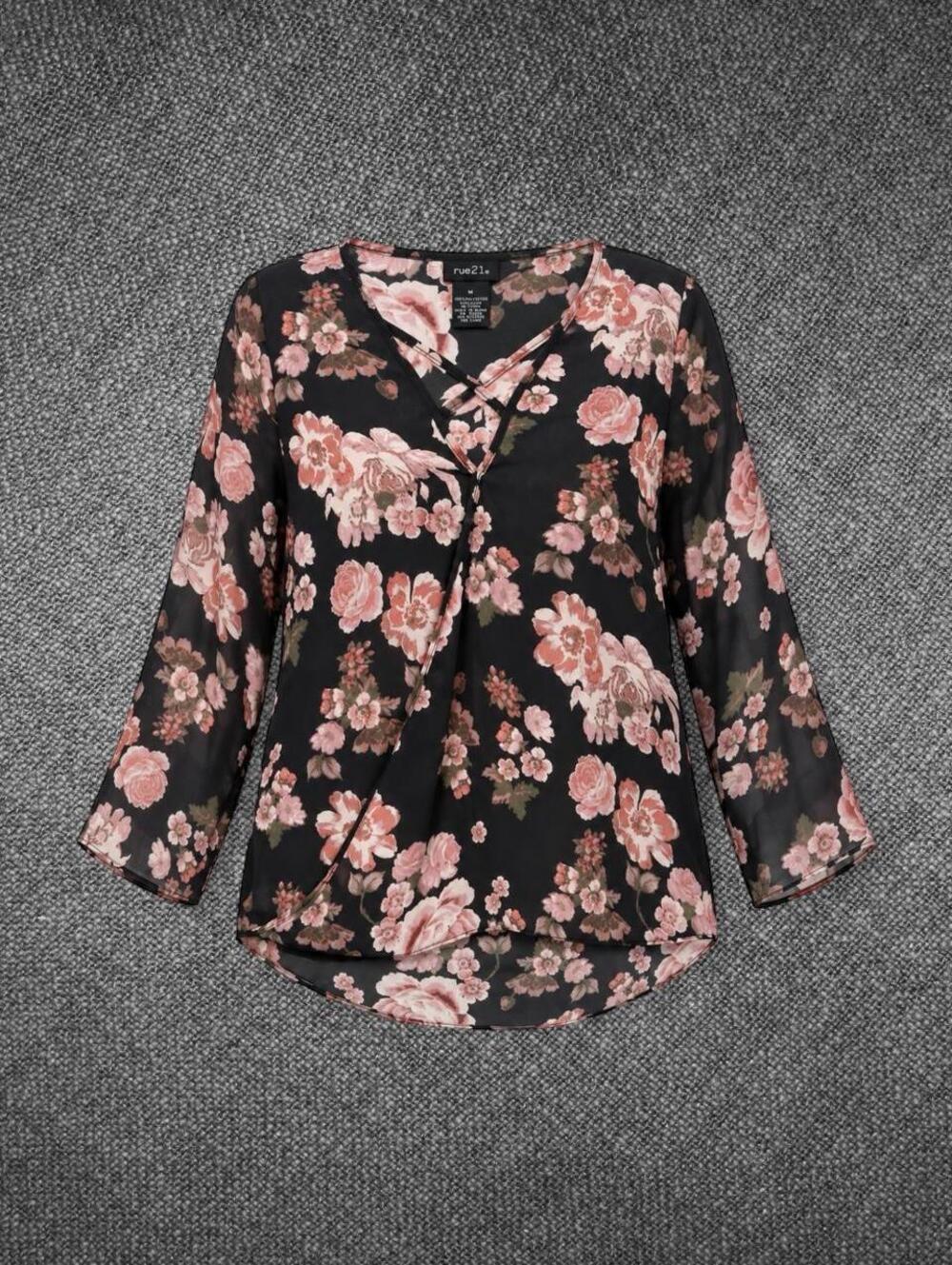 Rue21 Black Pink Floral Sheer V-Neck Blouse Size Medium